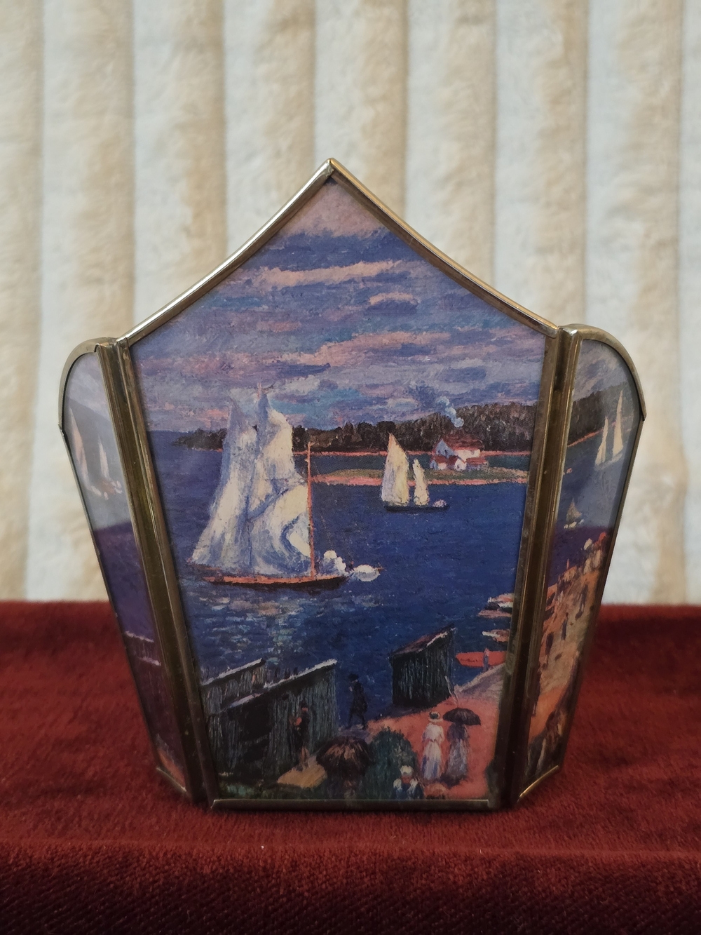 Vintage Mexican Brass Glass Votive Candle Holder Sailboat Impressionist Triptych